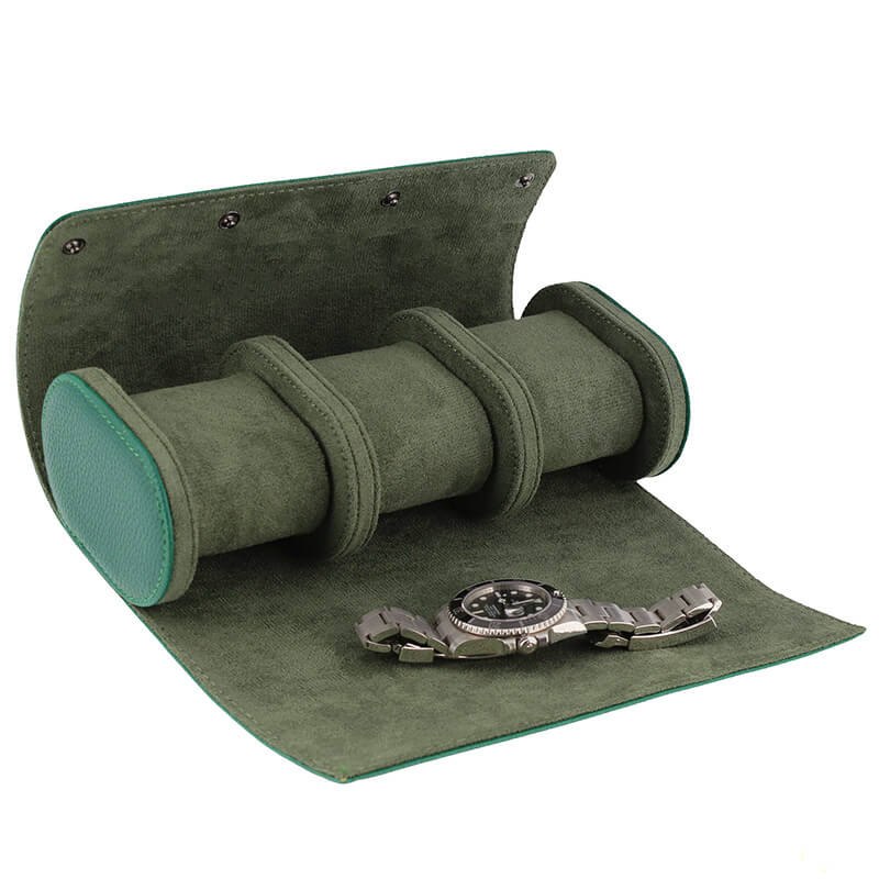 Premium Triple Green Leather Watch Roll with Super Soft Suede Lining - Swiss Watch Store UK