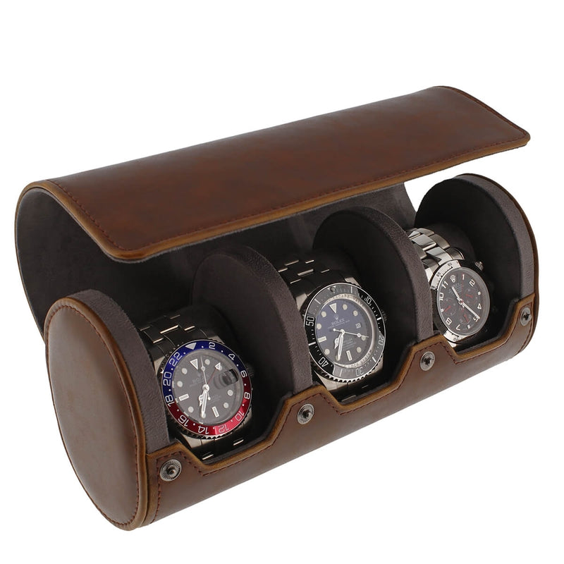 Premium Triple Watch Roll Vintage Brown Leather Super Soft Grey Suede Lining