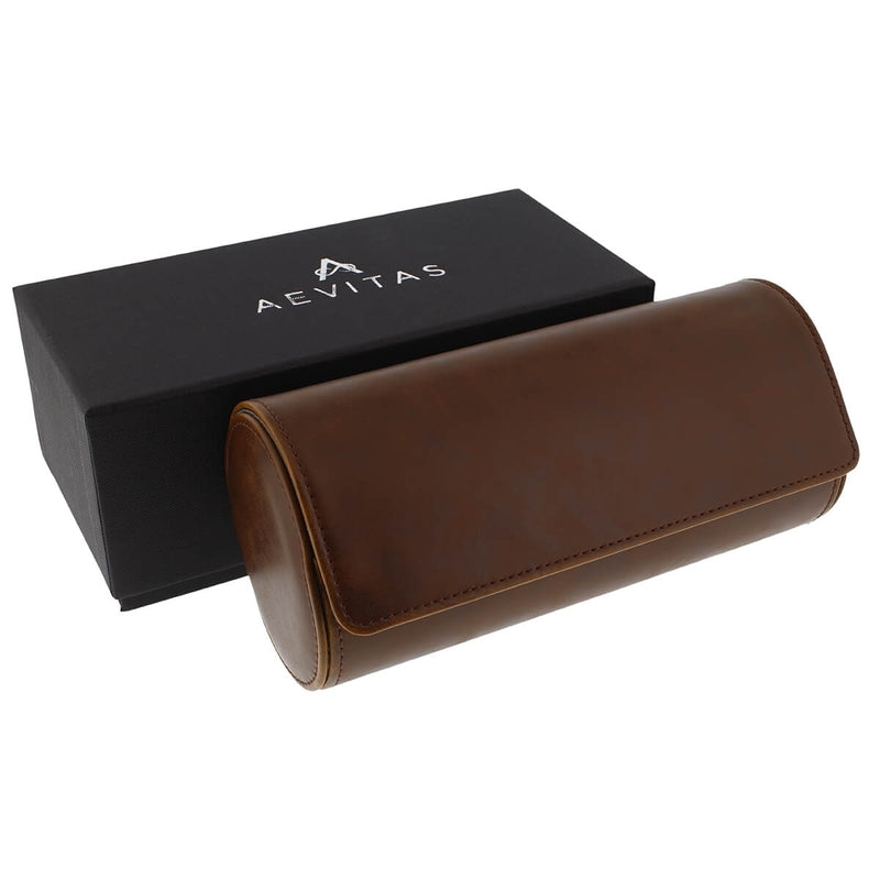 Premium Triple Watch Roll Vintage Brown Leather Super Soft Grey Suede Lining