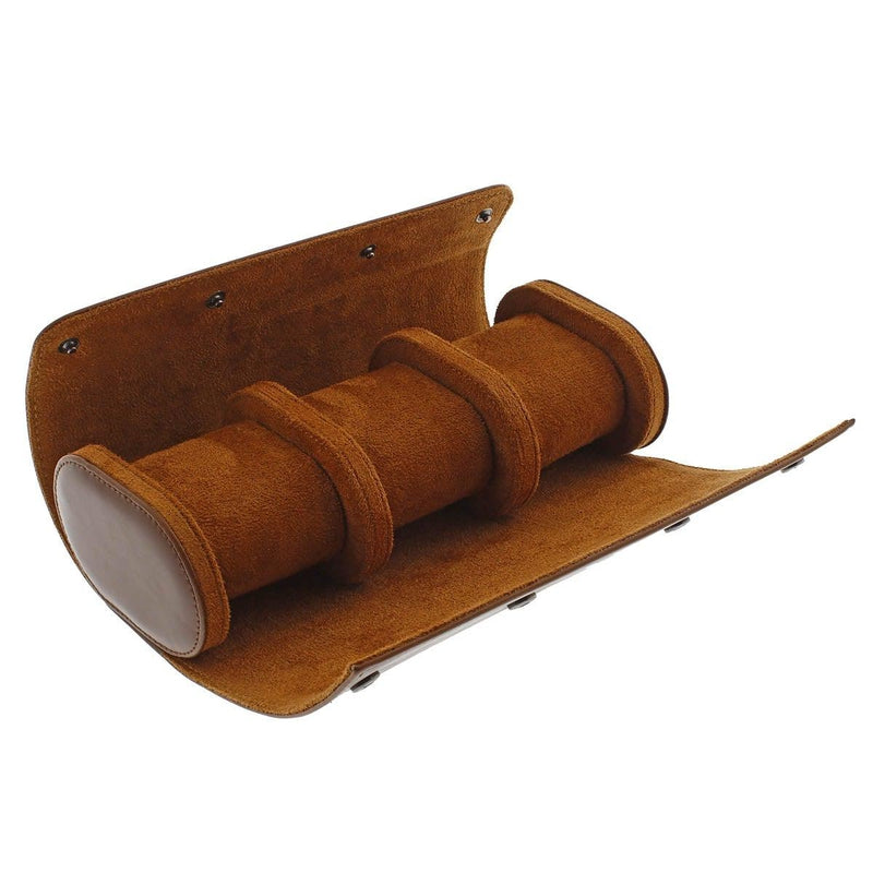Premium Triple Watch Roll in Brown Leather with Super Soft Tan Suede Lining