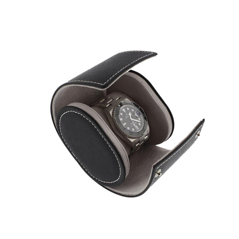 Single Watch Roll in Black Saffiano Leather with Super Soft Lining