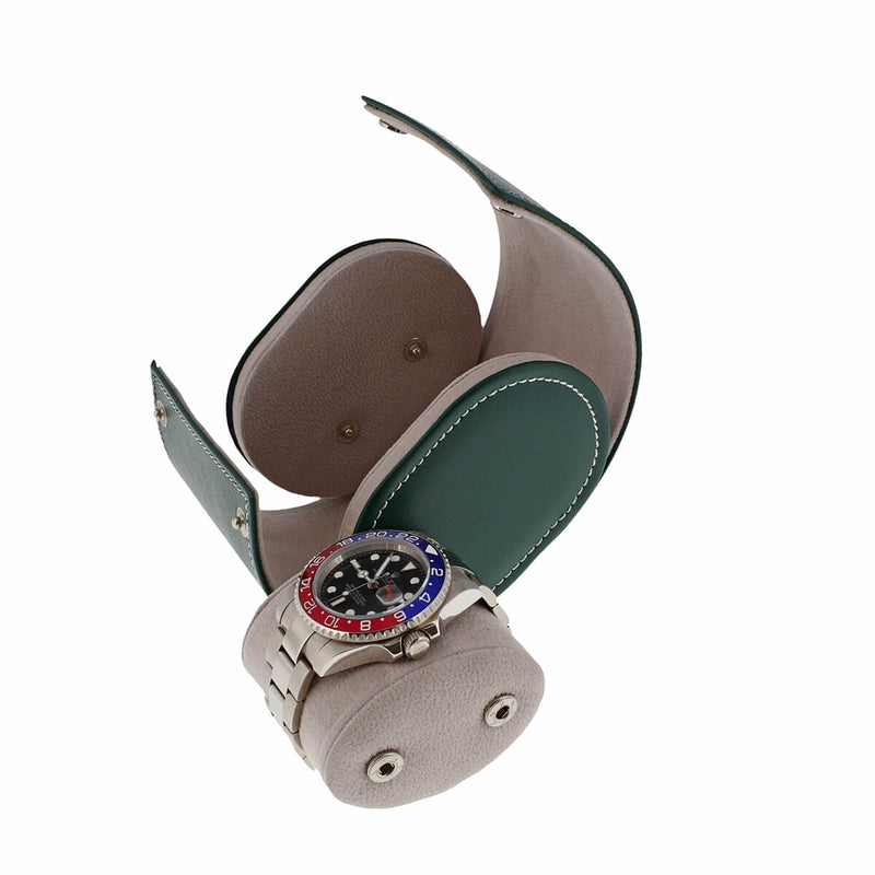 Single Watch Roll in Green Leather with Super Soft Lining