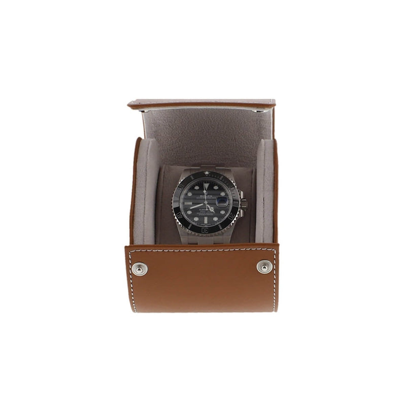 Single Watch Roll in Medium Brown Leather with Super Soft Lining