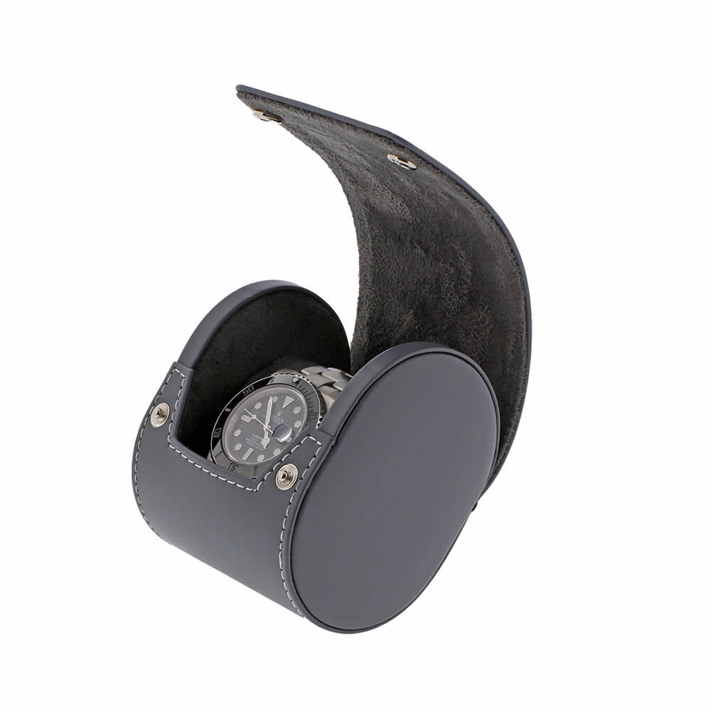 Single Watch Roll in Smooth Grey Leather with Super Soft Lining