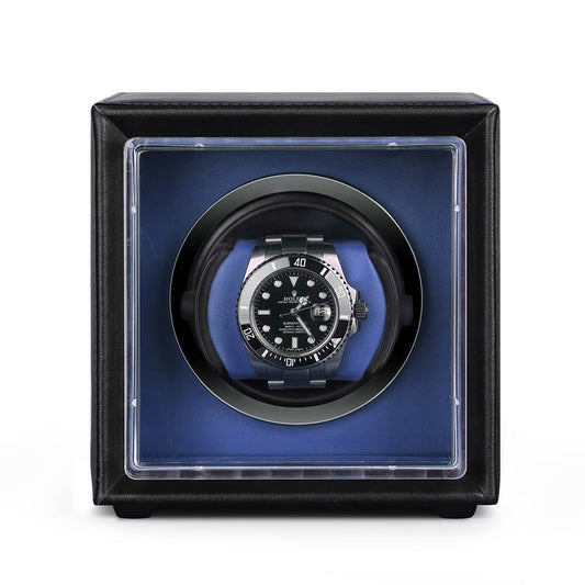 Single Watch Winder Black Leather Blue Lining Mains or Battery by Aevitas