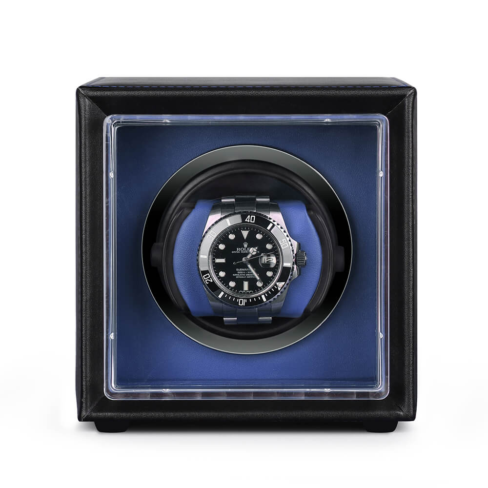 Single Watch Winder Black Leather Blue Lining Mains or Battery by Aevitas - Swiss Watch Store UK