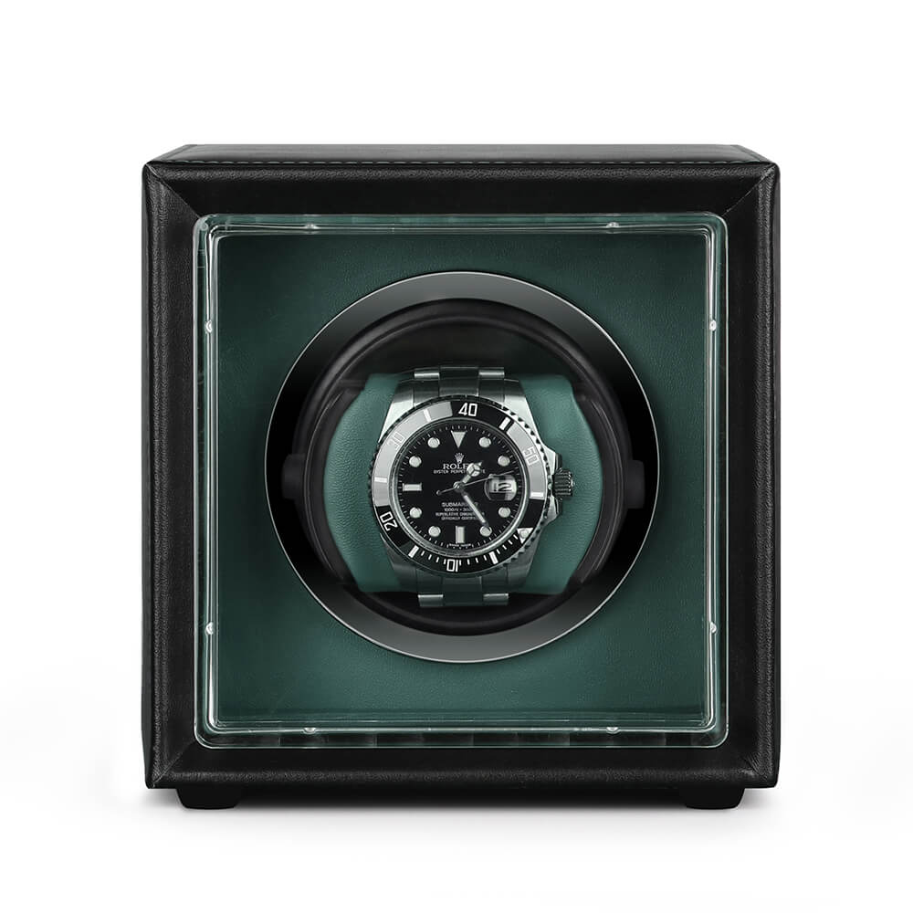 Single Watch Winder Black Leather Green Lining Mains or Battery by Aevitas - Swiss Watch Store UK