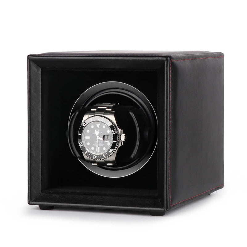 Single Watch Winder Black Leather Red Stitching Mains or Battery by Aevitas - Swiss Watch Store UK