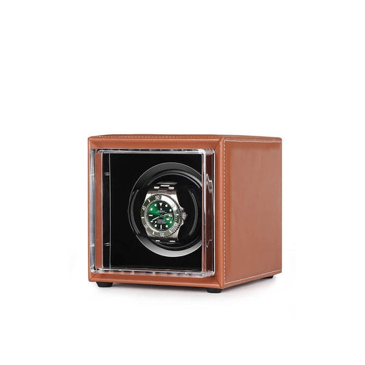 Single Watch Winder Brown Leather White Stitching Mains or Battery by Aevitas - Swiss Watch Store UK