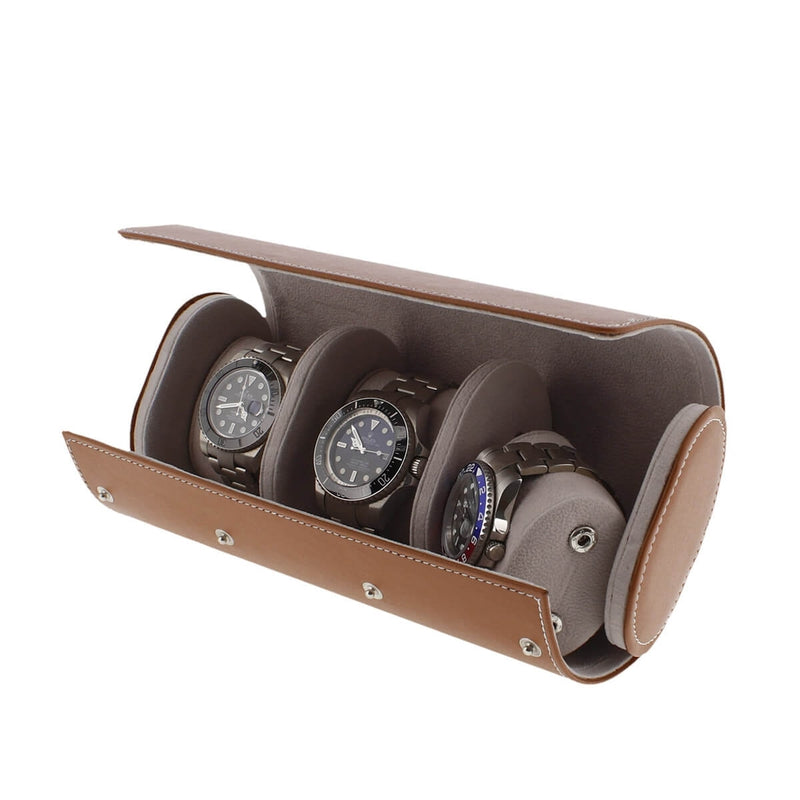 Triple Watch Roll in Medium Brown Leather with Super Soft Lining