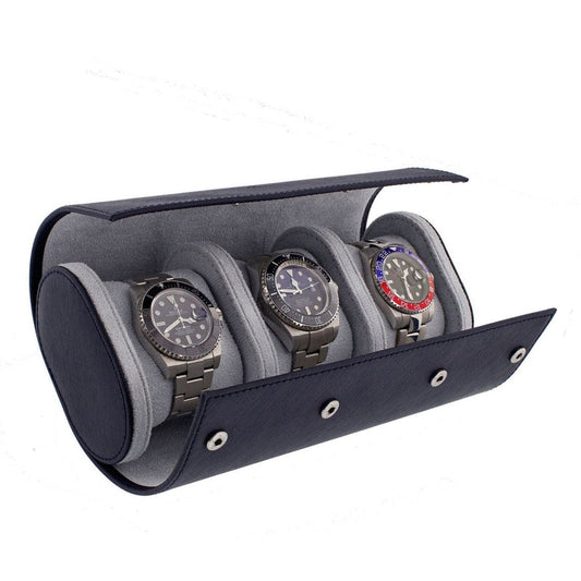 Triple Watch Roll in Navy Blue Saffiano Real Leather with Super Soft Lining