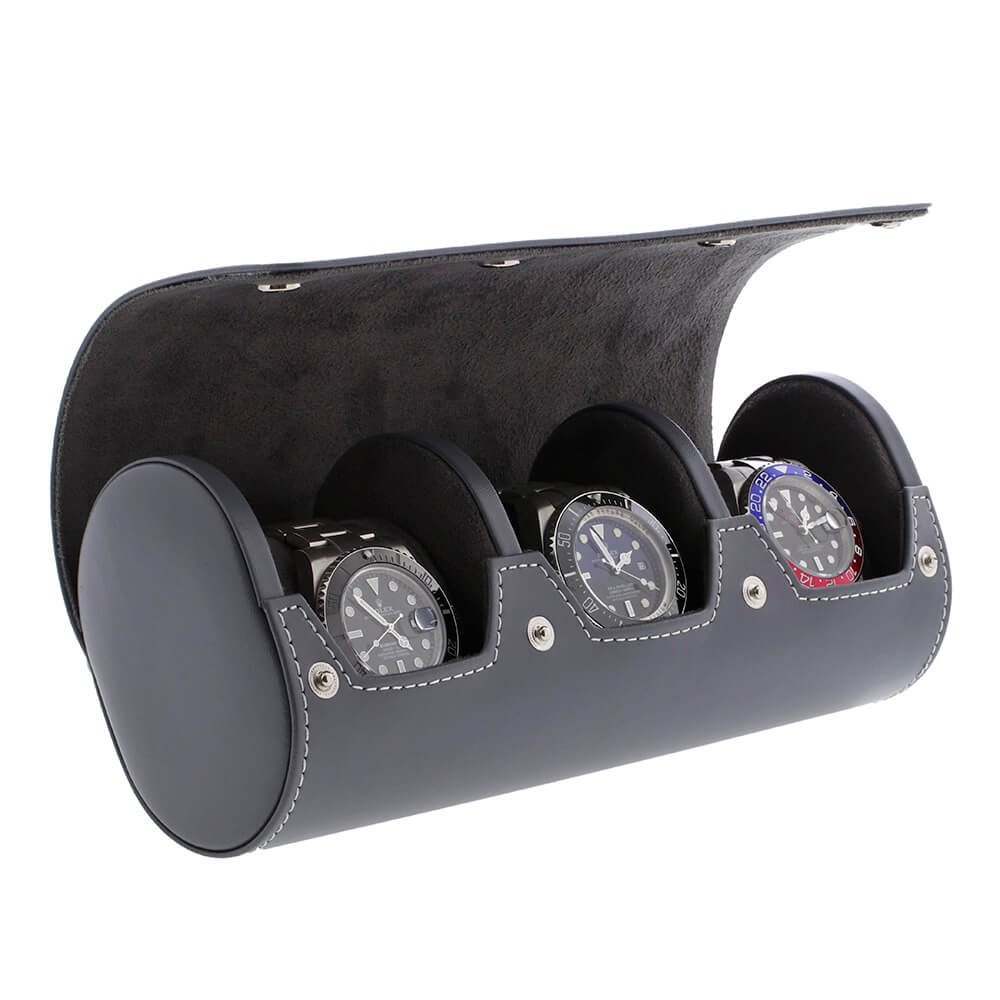 Triple Watch Roll in Smooth Grey Leather with Super Soft Lining