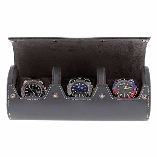 Triple Watch Roll in Smooth Grey Leather with Super Soft Lining