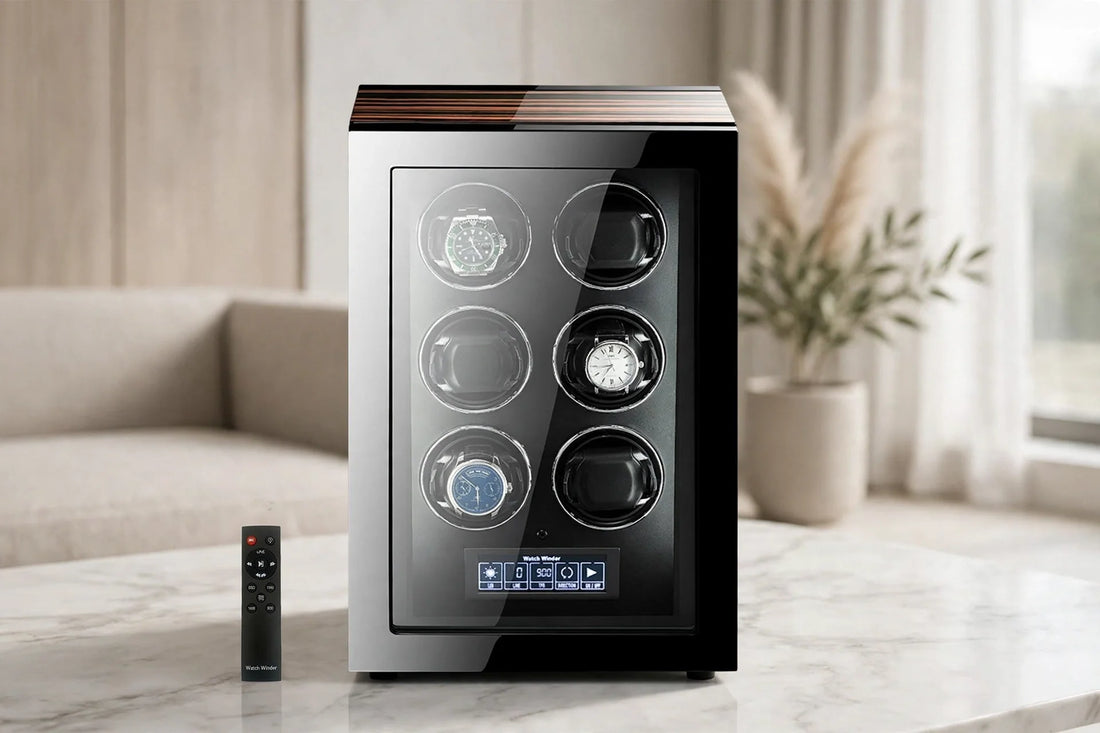 Aevitas 6-watch touchscreen watch winder on a marble table in a bright modern room