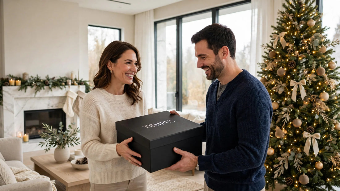 Wife handing her husband a black Tempus gift box beside the Christmas tree in a bright luxury living room