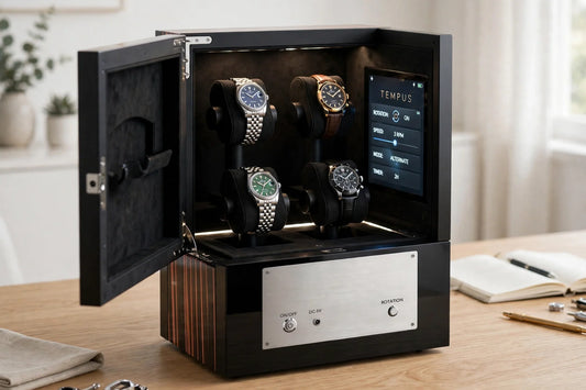 Close-up of Tempus touchscreen watch winder control panel in bright modern study