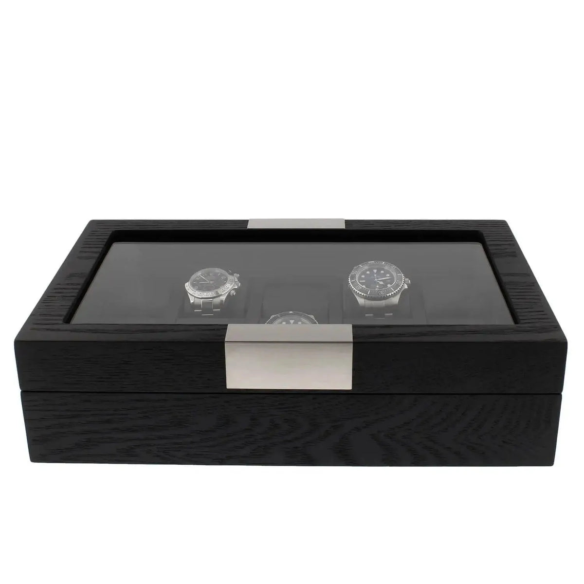 The 10 Watch Box Premium Black Oak Veneer by Tempus Luxury showcases up to ten watches with a glass top and silver accents—ideal luxury storage from Tempus Luxury Watch Winders.
