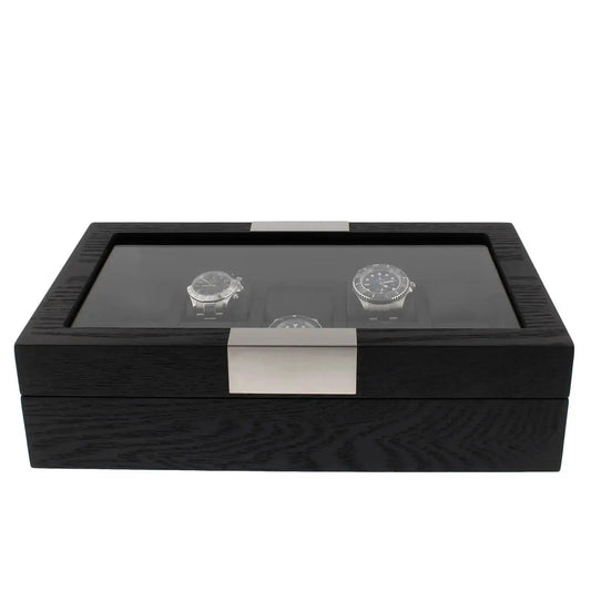 The 10 Watch Box Premium Black Oak Veneer by Tempus Luxury showcases up to ten watches with a glass top and silver accents—ideal luxury storage from Tempus Luxury Watch Winders.