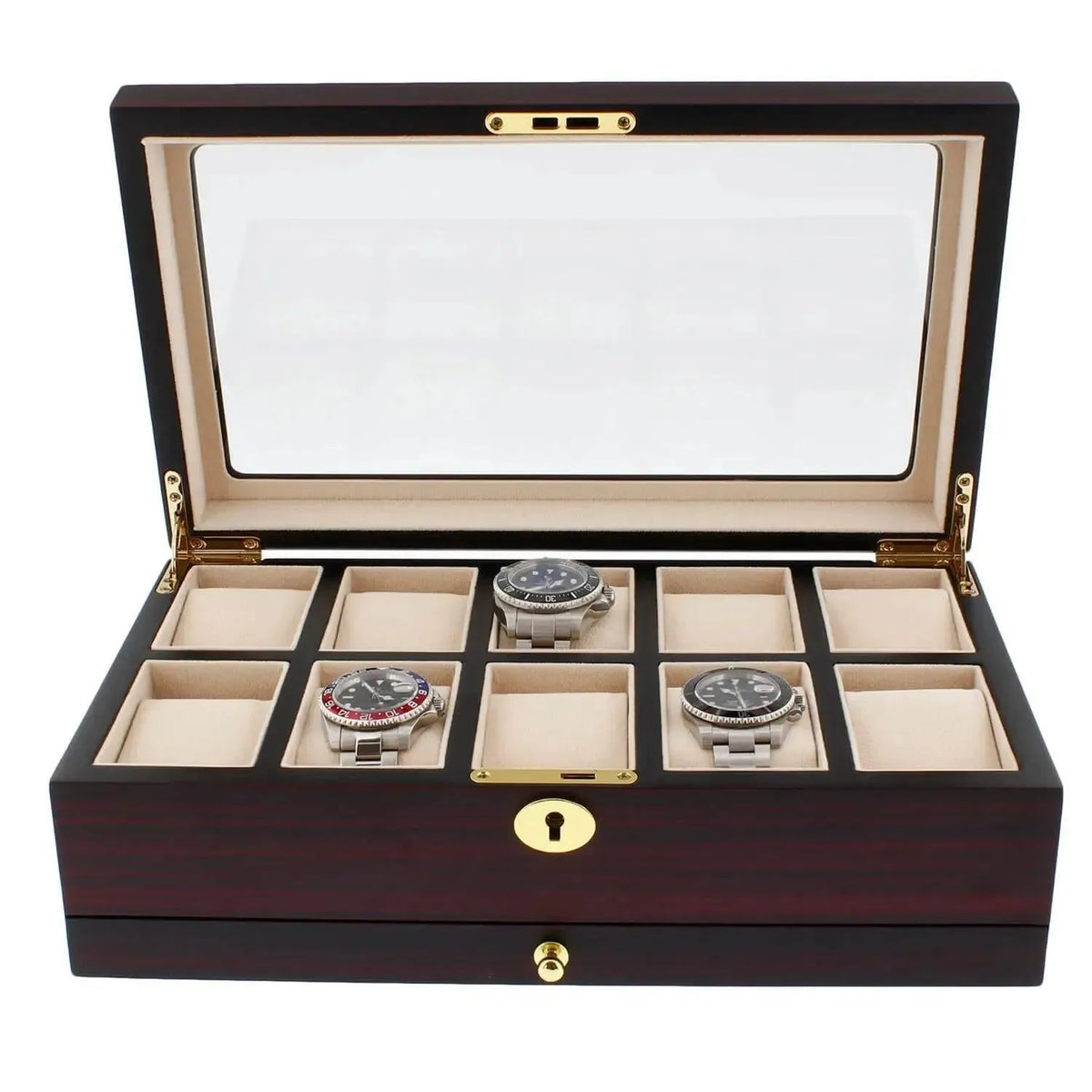 The Tempus Luxury Watch Winders 10 Watch Box features a premium cherry wood satin finish, glass lid, beige interior with ten compartments (three holding silver watches), and a gold clasp with keyhole for added elegance. Includes extra storage drawer.