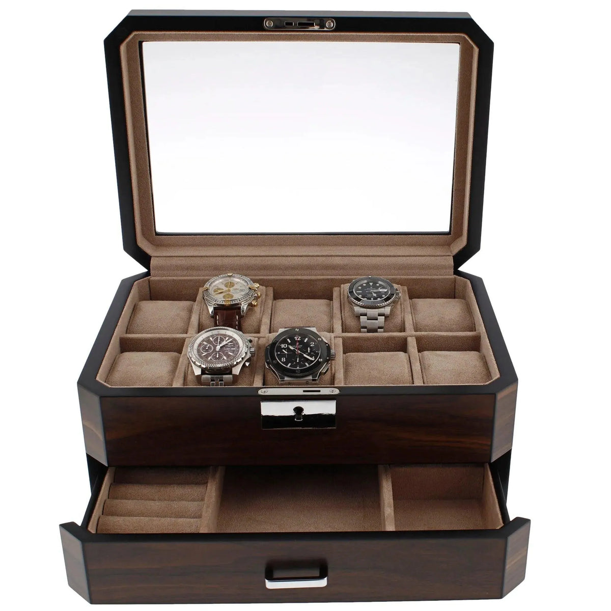 10 Watch Box With Drawer in Natural Dark Walnut Veneer Finish by Aevitas