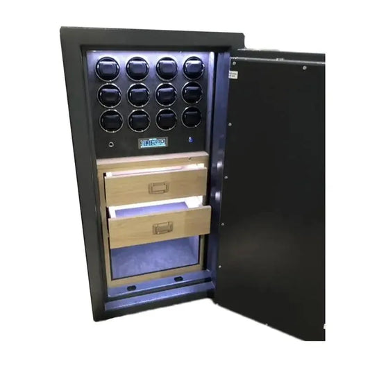The Tempus Luxury Watch Winders 12 Watch Winder Safe Grade 2 (£175,000 insurance) features an open door displaying multiple round winders above two partially opened light wood drawers, all illuminated to highlight its premium craftsmanship.