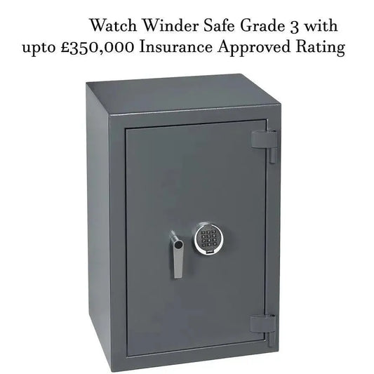 The Tempus Luxury Watch Winders 12 Watch Winder Safe Grade 3 features a keypad lock, handle, and holds 12 watches. Insurance-approved up to £350,000, it stands upright against a plain white background.