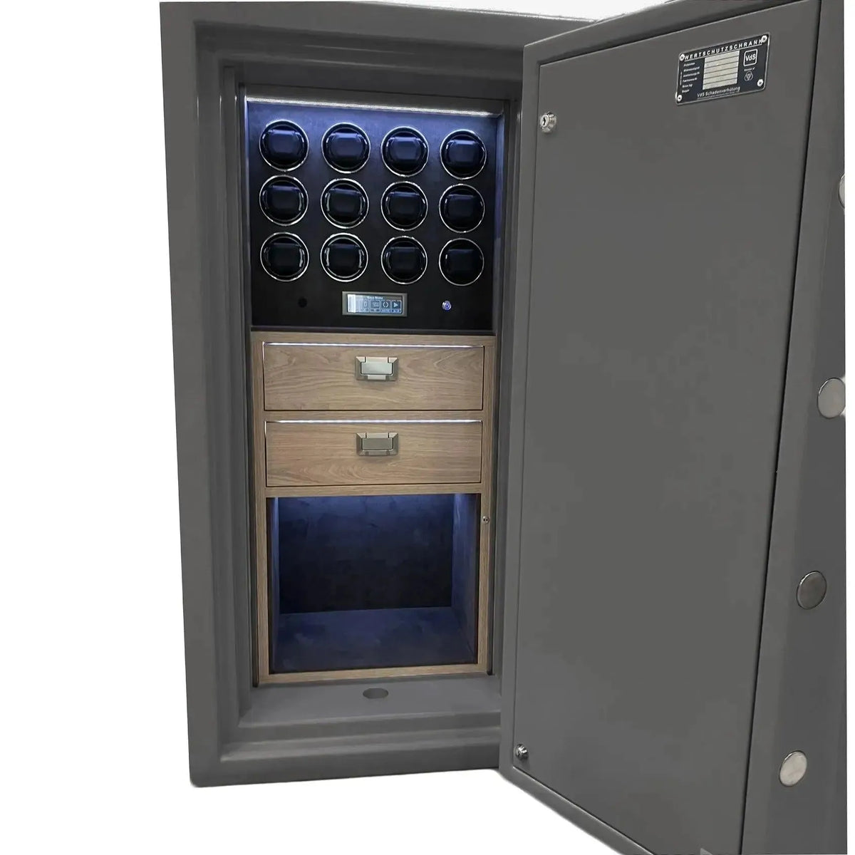 The Tempus Luxury Watch Winders 12 Watch Winder Safe Grade 4 (£600,000 insurance) is large and gray, with its door open to reveal LED-lit interiors, two wooden drawers, and circular compartments for twelve watches.