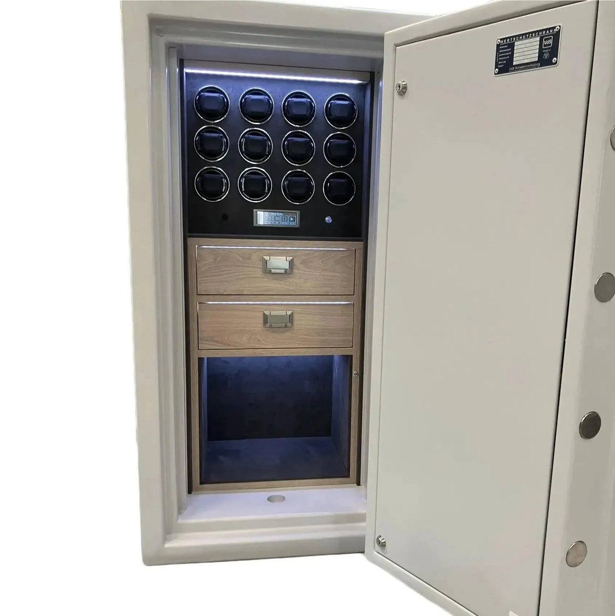 The Tempus Luxury Watch Winders 12 Watch Winder Safe Grade 5 (£1,000,000 insurance rating) features a white finish, open door, premium 12-slot leather winder, two wooden drawers, an open bottom storage area, and interior LED lighting.