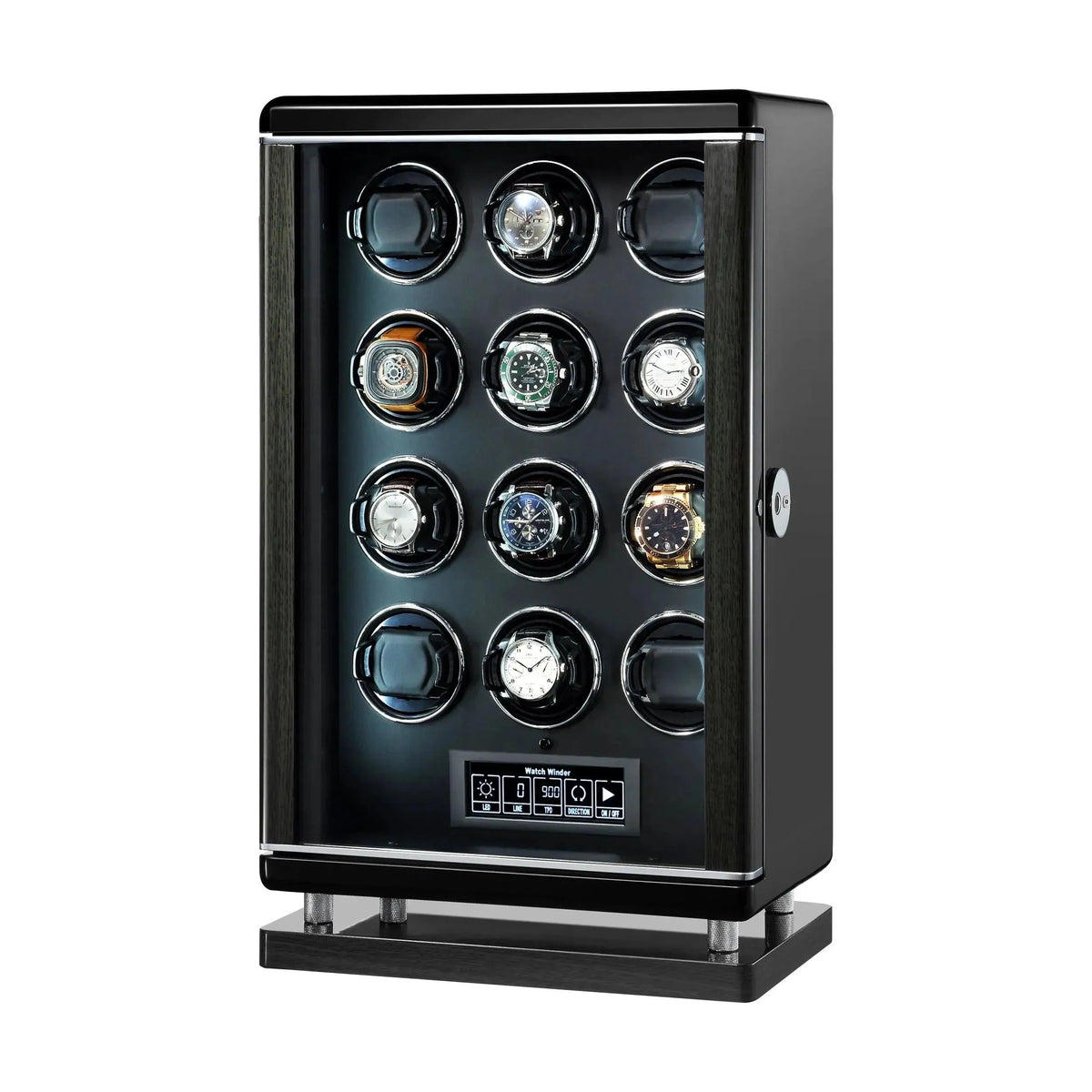 Black Tempus 12-slot watch winder with biometric lock, LED lighting, and touchscreen panel, displaying automatic watches.