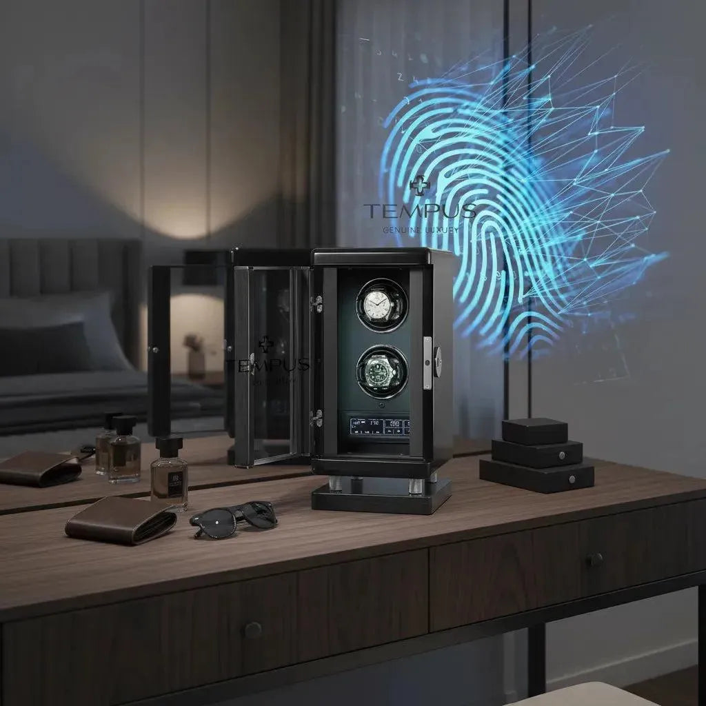 The Tempus Luxury Watch Winders 2 Watch Winder for Automatic Watches For Men features advanced BioMetric Access Technology, adding modern security to your bedroom while keeping your timepieces stylishly displayed.