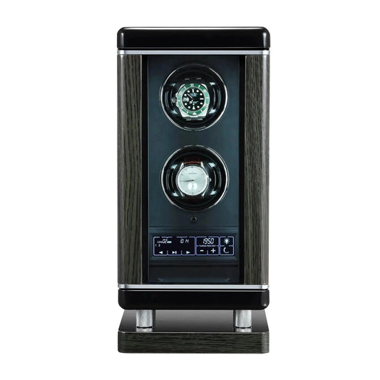 The Tempus Luxury Watch Winders 2 Watch Winder for Automatic Watches for Men features biometric access technology, a vertical black and silver design, two watch holders, a digital display panel, and control buttons on the lower front.