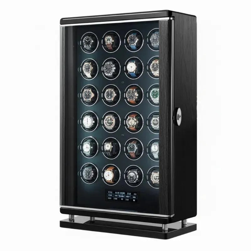 Black wood grain 24-slot Tempus watch winder with glass door, biometric lock, and LED interior.