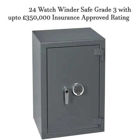A gray rectangular Tempus Luxury Watch Winders safe with a digital keypad and handle. Text above: 24 Watch Winder Safe Grade 3 with £350,000 Insurance Rating by Tempus—the ultimate automatic watch safe solution.