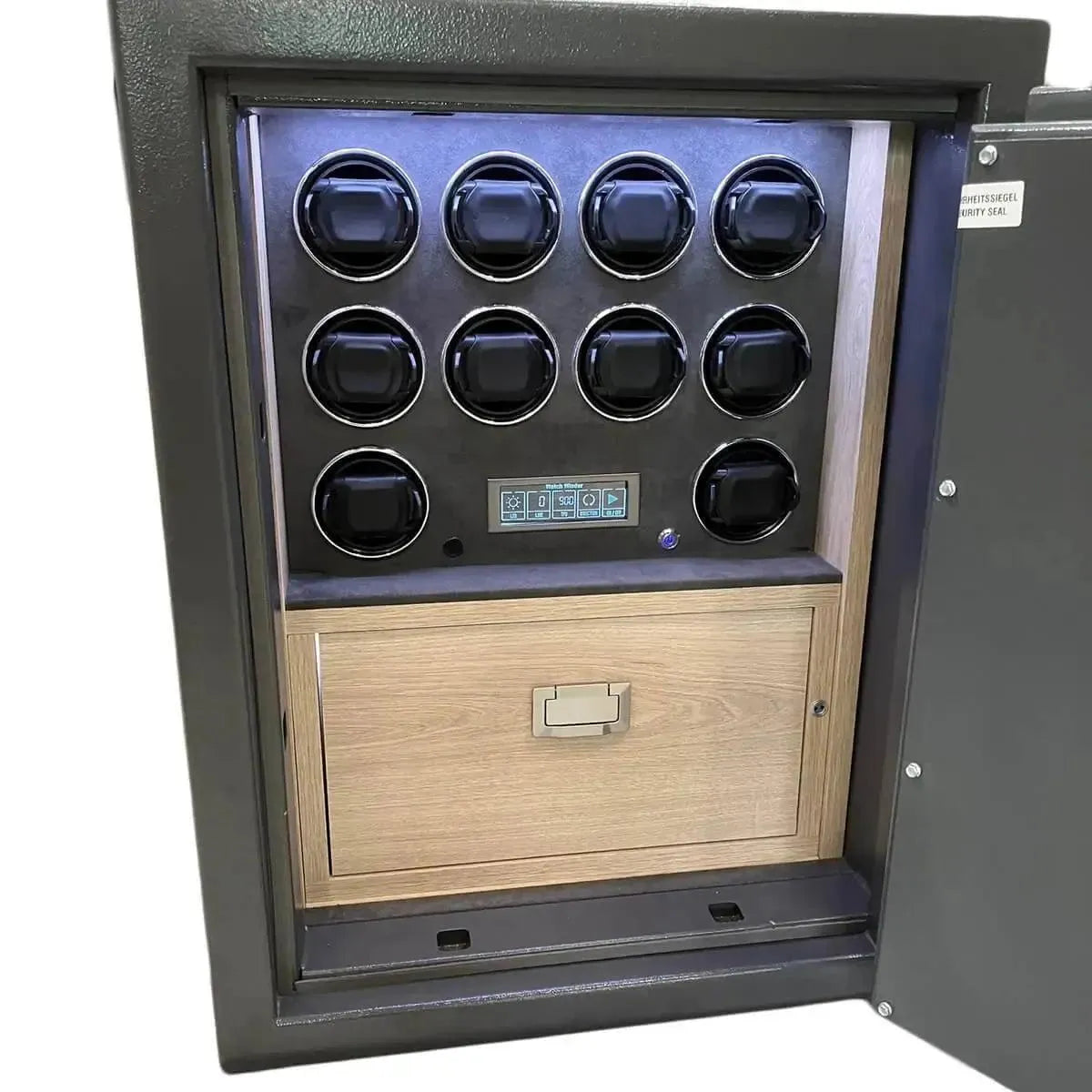 The Tempus Luxury Watch Winders Grade 1 Watch Winder Safe features twelve automatic watch winders in three rows, a digital control panel, and a wooden drawer with a metal handle. It carries a £100,000 insurance rating.