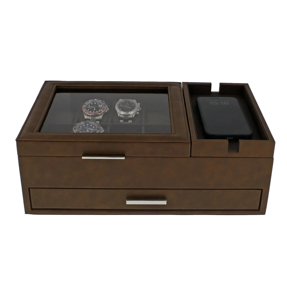 The Aevitas Men's Large Brown Valet Tray features 8 watch holders, a glass display, a slot for your smartphone, and a drawer with a silver handle.