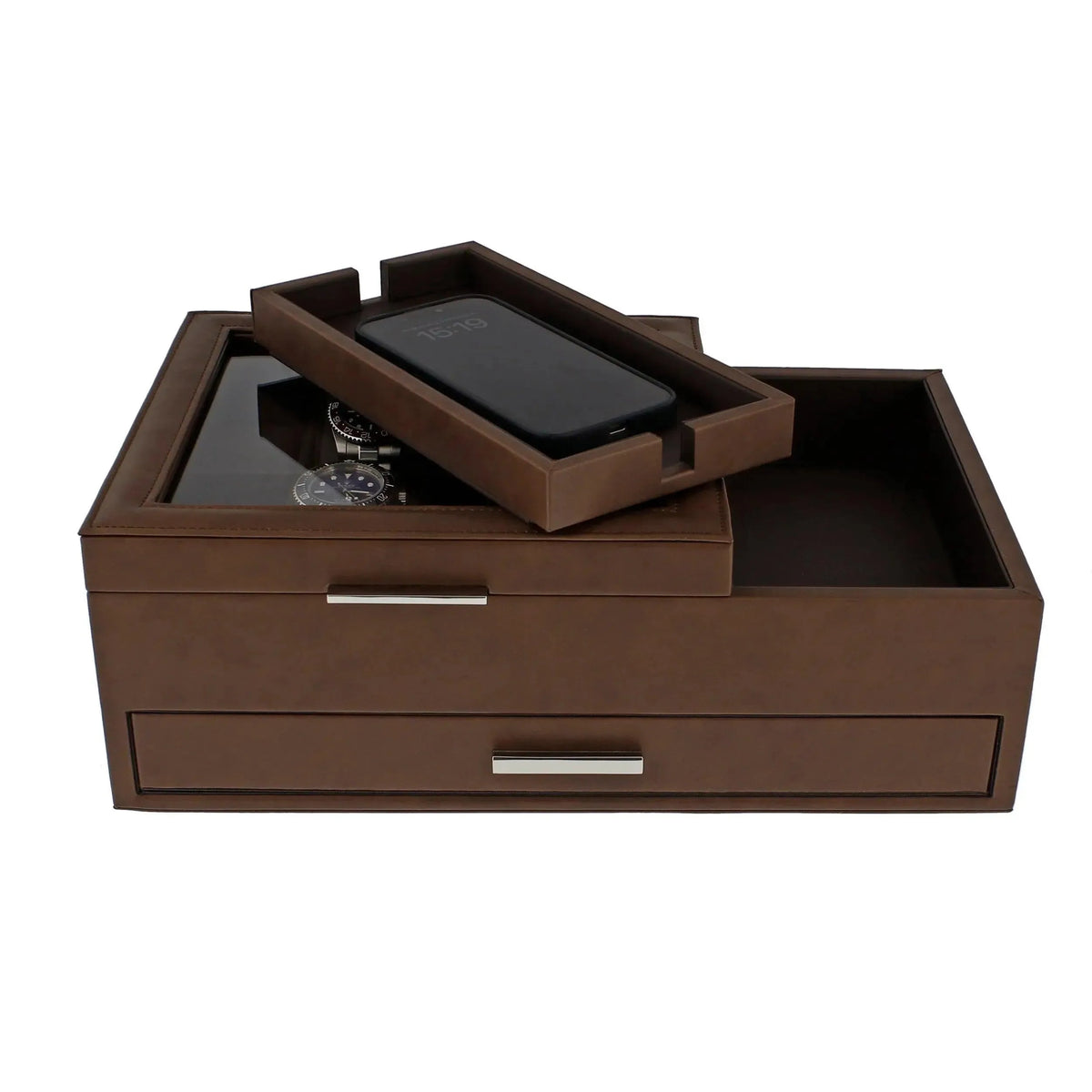 The Men's Large Brown Valet Tray by Aevitas features vegan leather, a glass top, metal handles, 8 watch holders, a removable phone tray, and an extra compartment for keys and accessories.