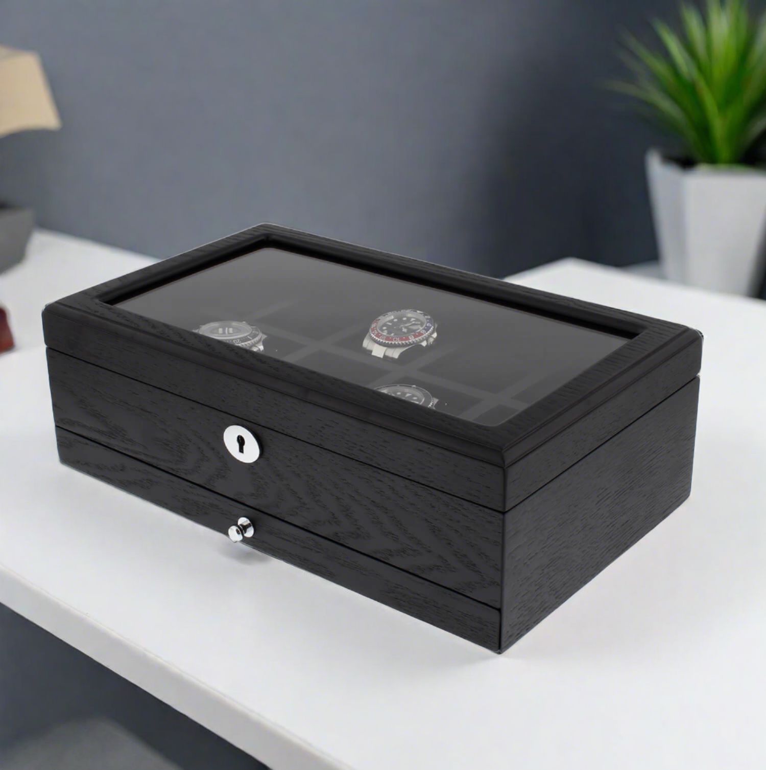 Watch Storage Draw Premium Black Oak Veneer Watch Box for 10 Watches Extra Storage Drawer ...