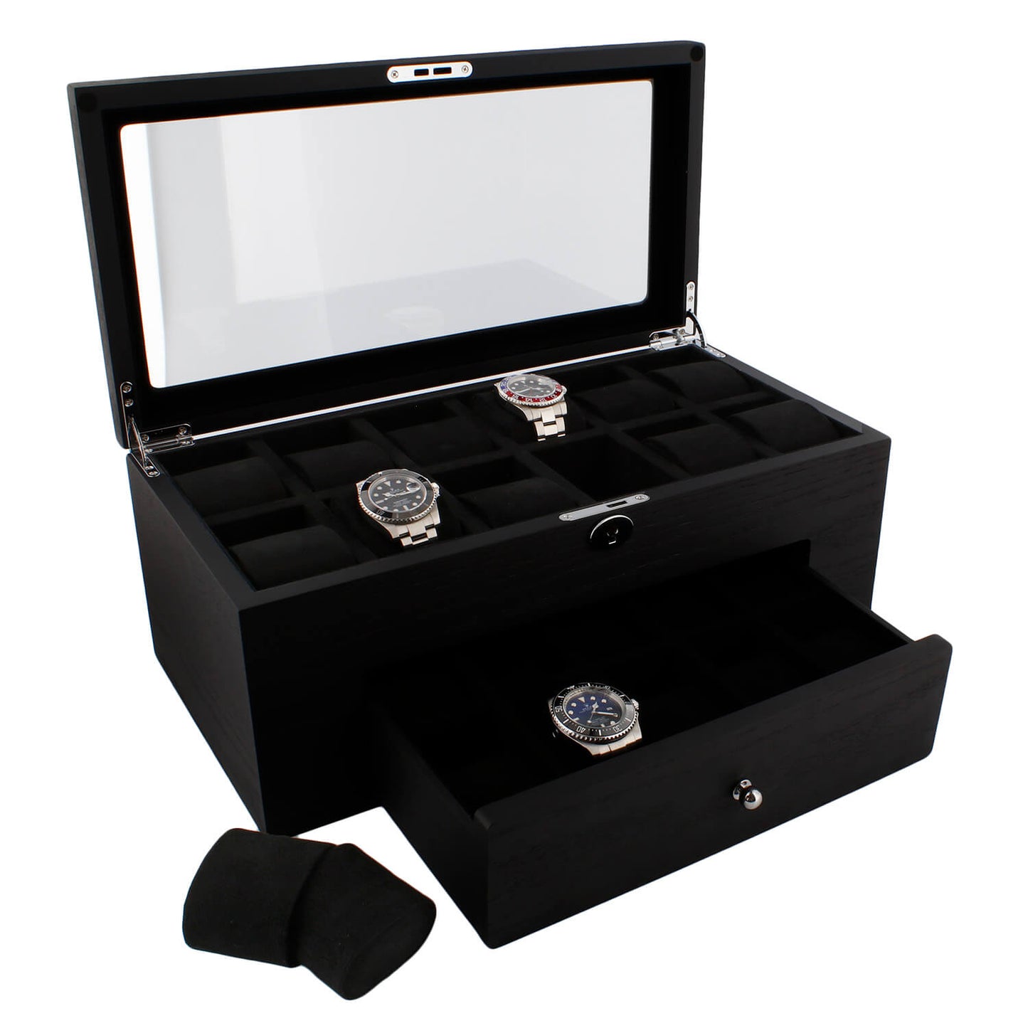 Premium Black Oak Veneer Watch Box for 22 Watches with Drawer