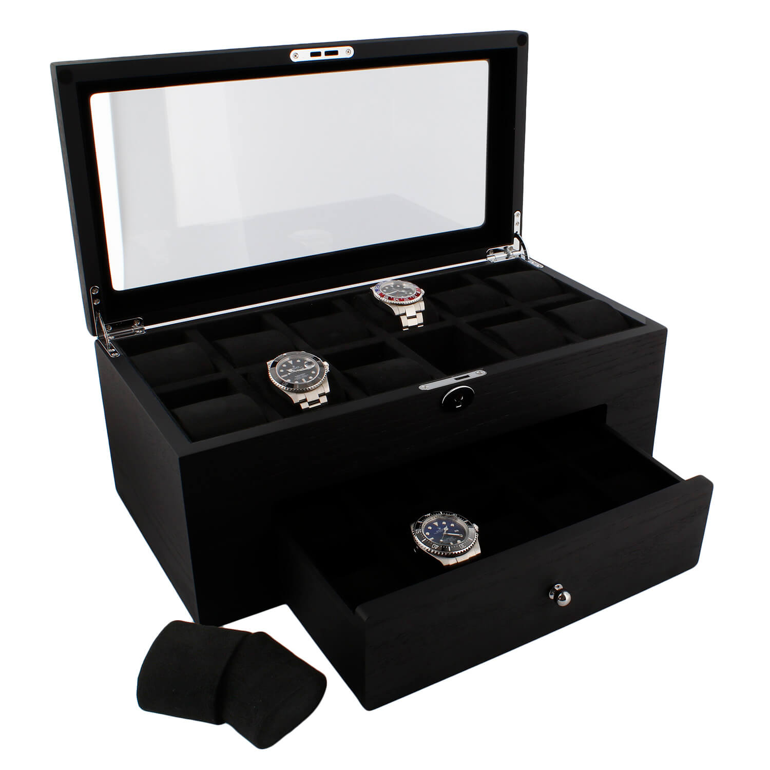 Premium Black Oak Veneer Watch Box for 22 Watches with Drawer