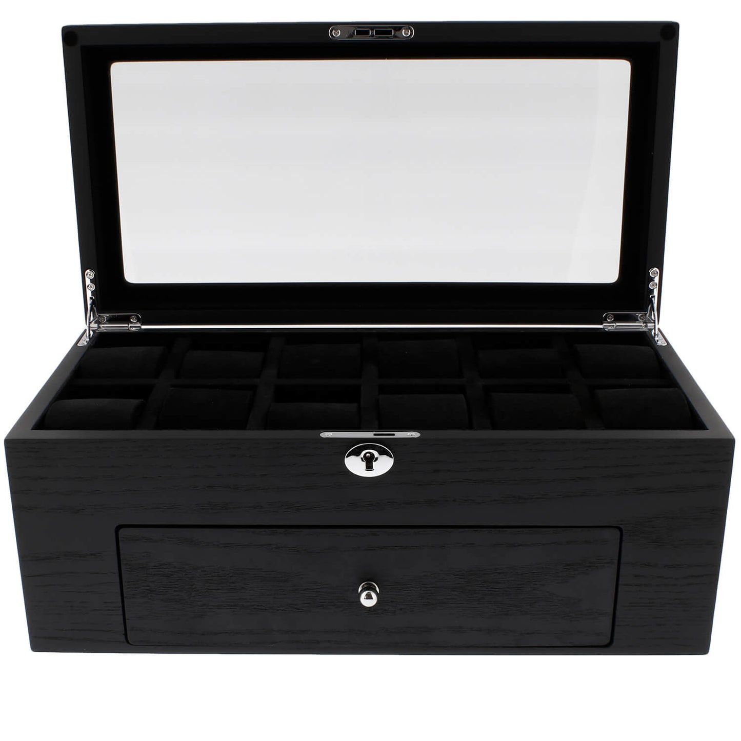 Premium Black Oak Veneer Watch Box for 22 Watches with Drawer