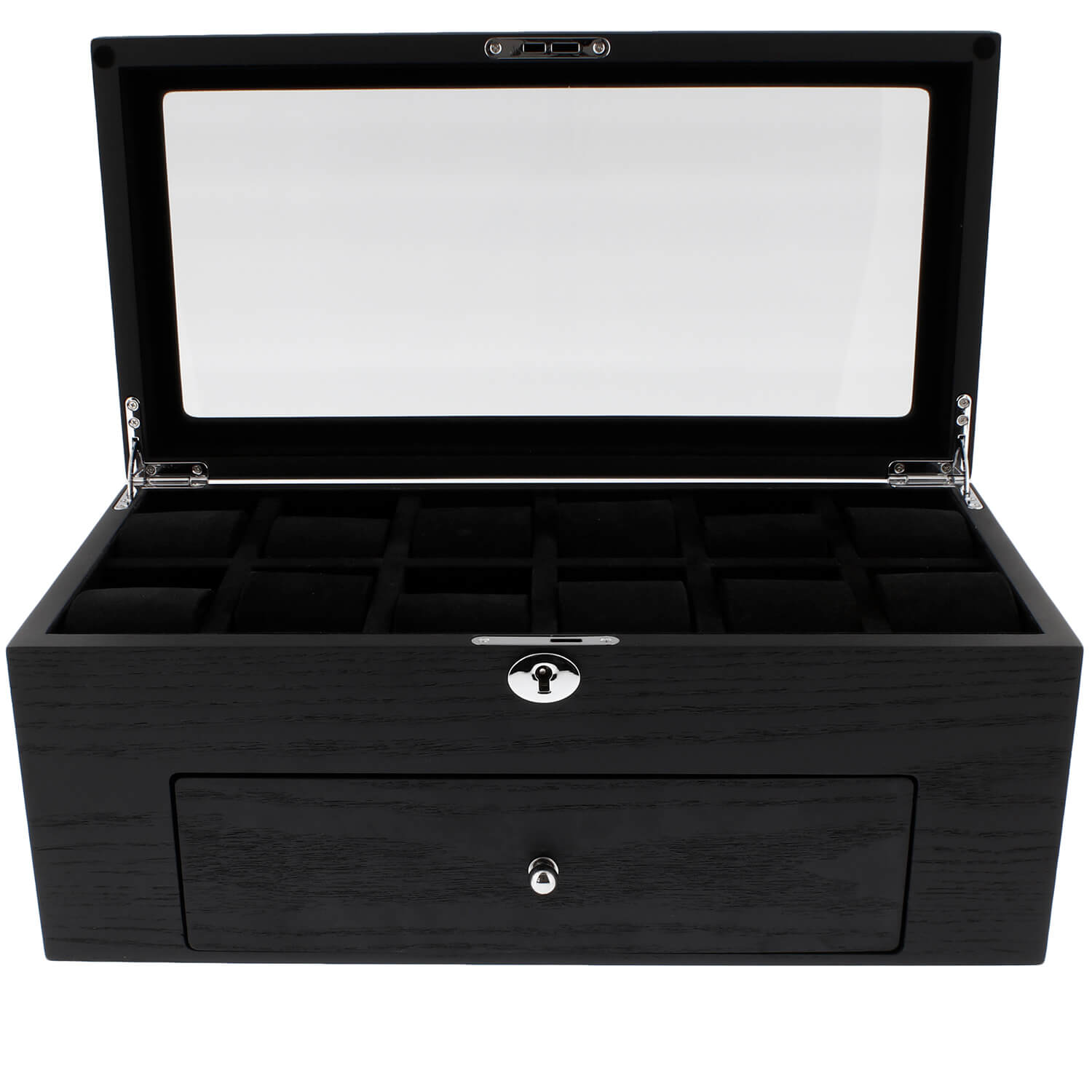 Premium Black Oak Veneer Watch Box for 22 Watches with Drawer