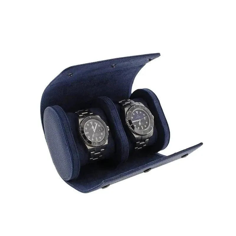 Premium Double Watch Roll in Blue Leather with Super Soft Suede Lining