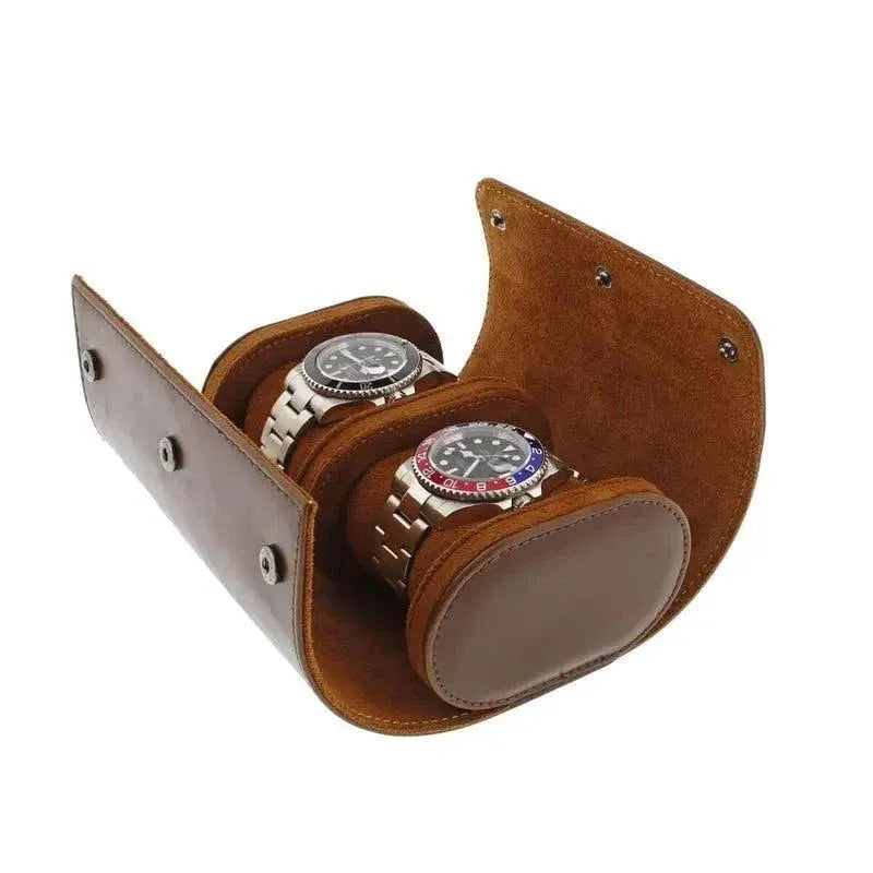 Premium Double Watch Roll Brown Leather Super Soft Tan Suede Lining