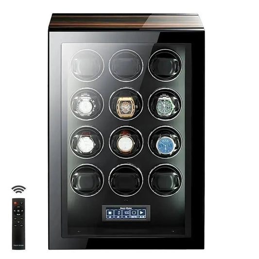 The Tempus 12 Watch Winder by Tempus Luxury Watch Winders features a black, glossy finish, twelve circular slots for automatic watches, a bottom touch screen control panel, and comes with a remote control for convenience.