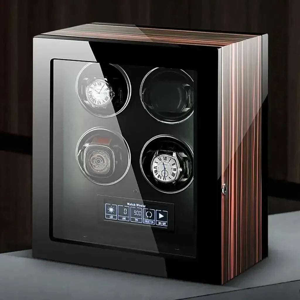 The Tempus 4 Watch Winder by Tempus Luxury Watch Winders features a glass front displaying four slots—two with wristwatches—a digital touchscreen control panel, and a sleek striped wood finish for modern luxury.
