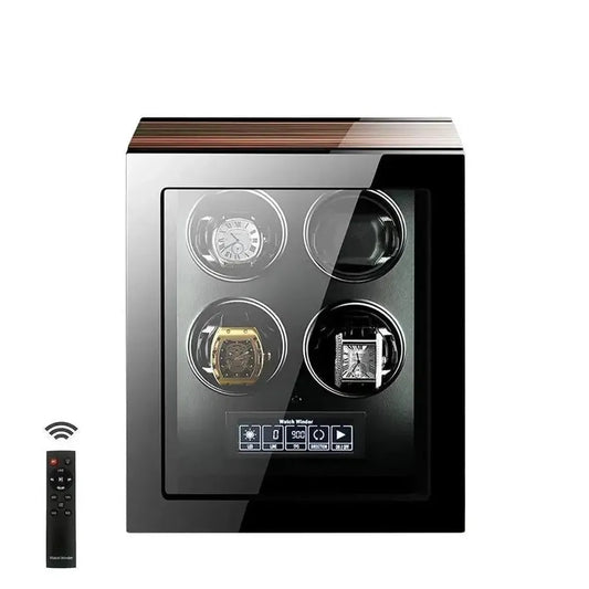 The Tempus 4 Watch Winder for Automatic Watches by Tempus Luxury Watch Winders features a glass front displaying four watches, a touch screen control panel below, and a remote control, all on a clean white background.