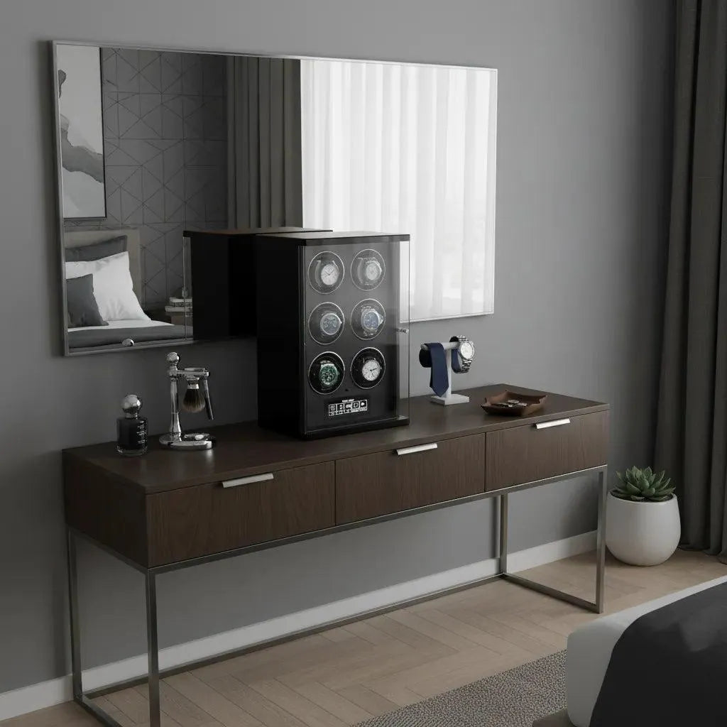A modern bedroom dresser with a Tempus 6 Watch Winder for Automatic Watches by Tempus Luxury Watch Winders, a potted plant, blue watch stand, and accessories sits below a large mirror reflecting the bed and curtained window.