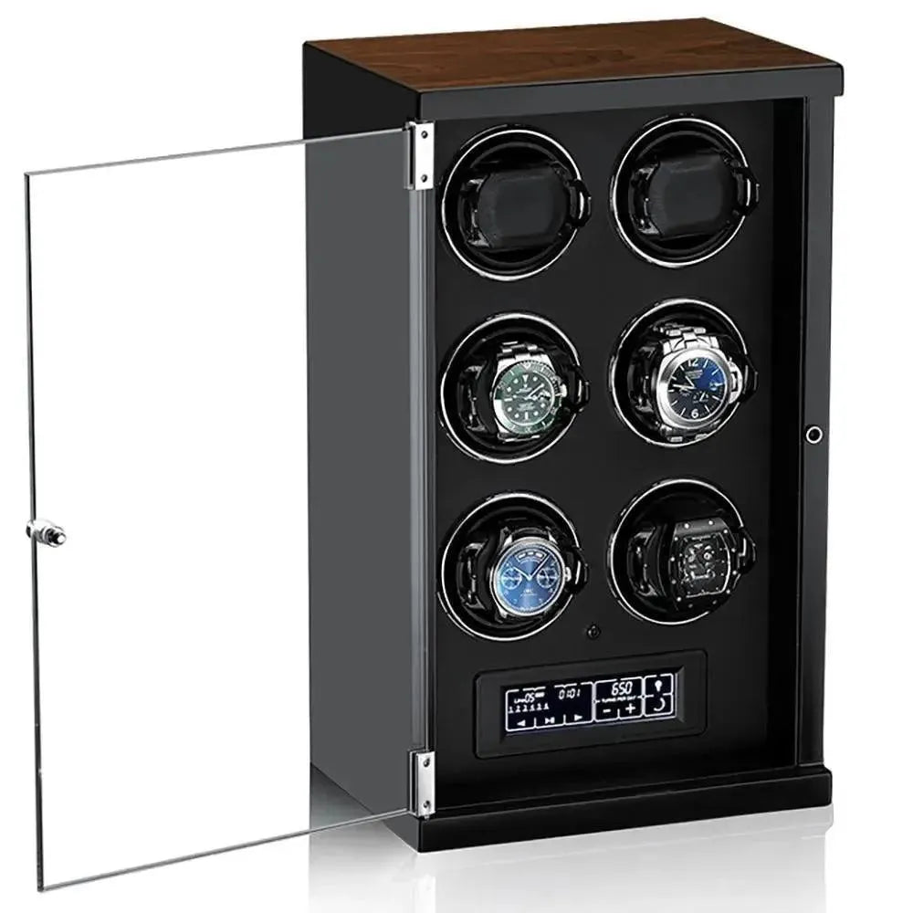 The Tempus 6 Watch Winder by Tempus Luxury Watch Winders securely holds six automatic watches in individual rotating slots, features a stylish black finish with a wooden top, glass door, and offers easy settings via its touch screen control panel.