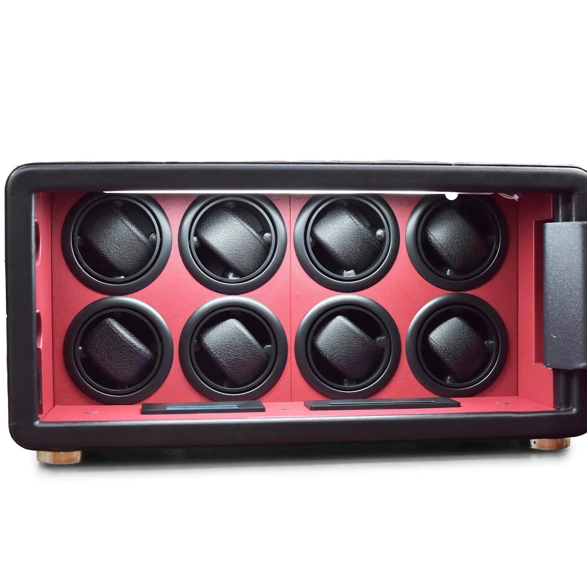 Tempus 8 watch winder safe with black exterior, red leather interior, and eight winding rotors.