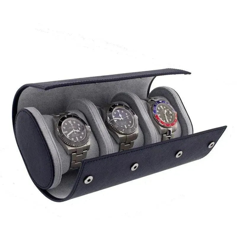Triple Watch Roll in Navy Blue Saffiano Real Leather with Super Soft Lining